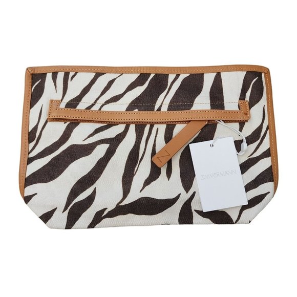Zimmermann NWT Zebra Canvas Bag Swim & Resort Brown Leather Zip Clutch - Picture 1 of 5